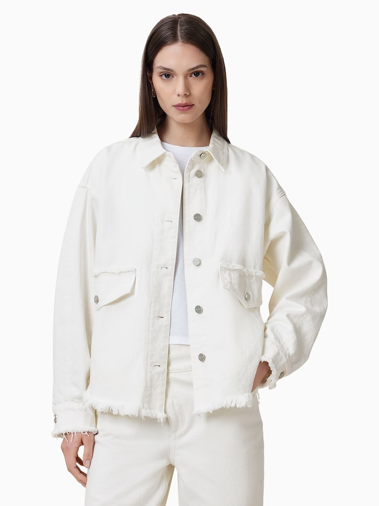 AllSaints White Hettie Fray 100% Cotton Shacket - Image 1 of 8 AllSaints White Hettie Fray 100% Cotton Shacket - Image 1 of 8