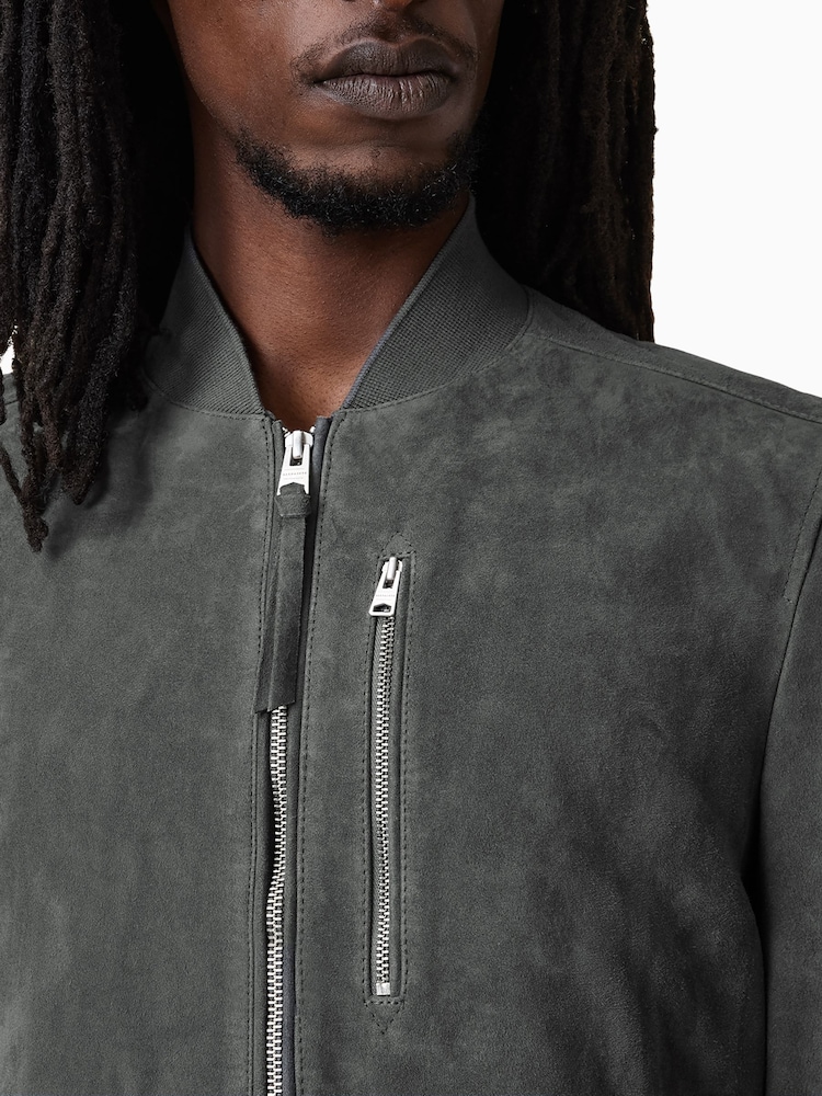 AllSaints Grey Kemble Suede Bomber Jacket - Image 2 of 6