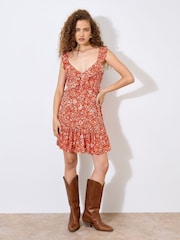 Apricot Orange Viscose Voile Ditsy Print Dress - Image 1 of 5