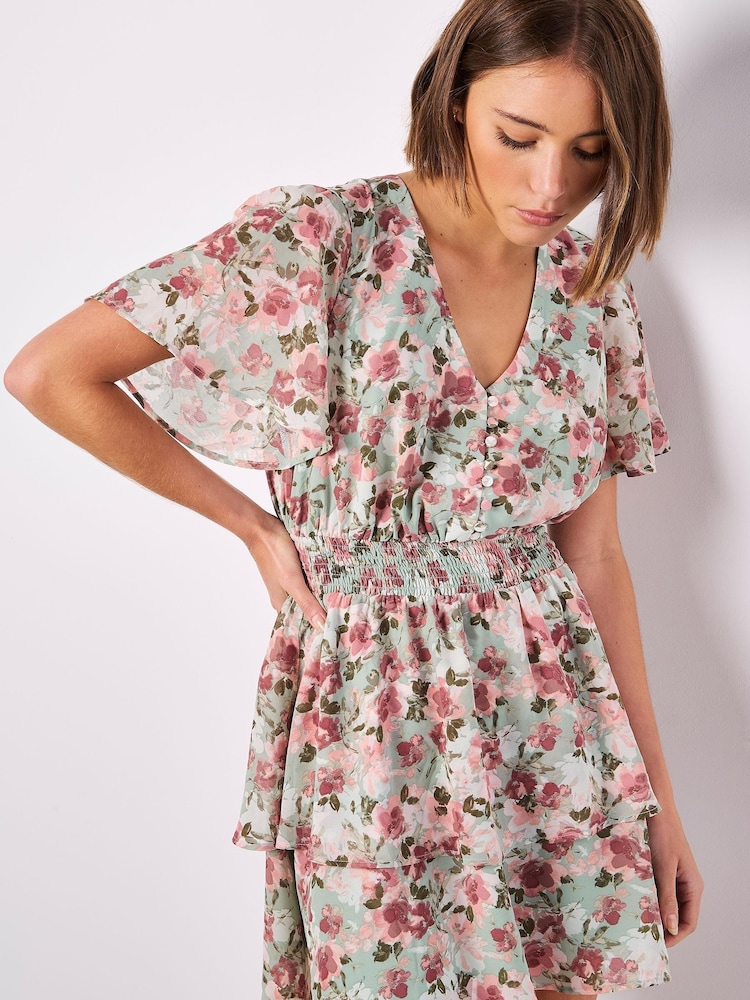 Apricot Light Green Watercolour Floral Print Layered Dress - Image 1 of 4