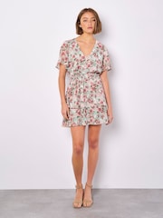 Apricot Light Green Watercolour Floral Print Layered Dress - Image 3 of 4