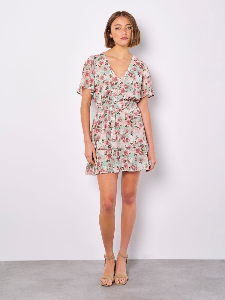 Apricot Light Green Watercolour Floral Print Layered Dress - Image 2 of 4