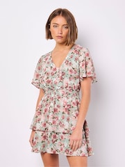 Apricot Light Green Watercolour Floral Print Layered Dress - Image 4 of 4