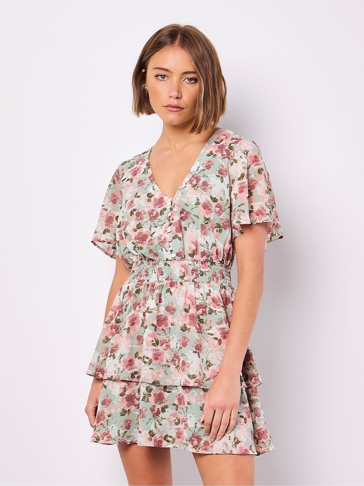 Apricot Light Green Watercolour Floral Print Layered Dress - Image 4 of 4