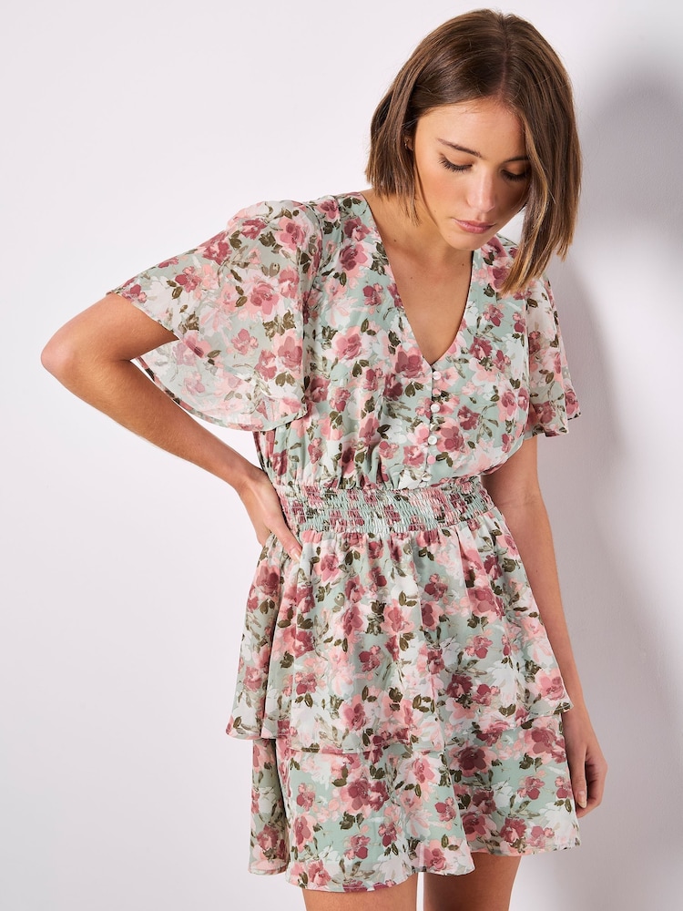 Apricot Light Green Watercolour Floral Print Layered Dress - Image 4 of 4