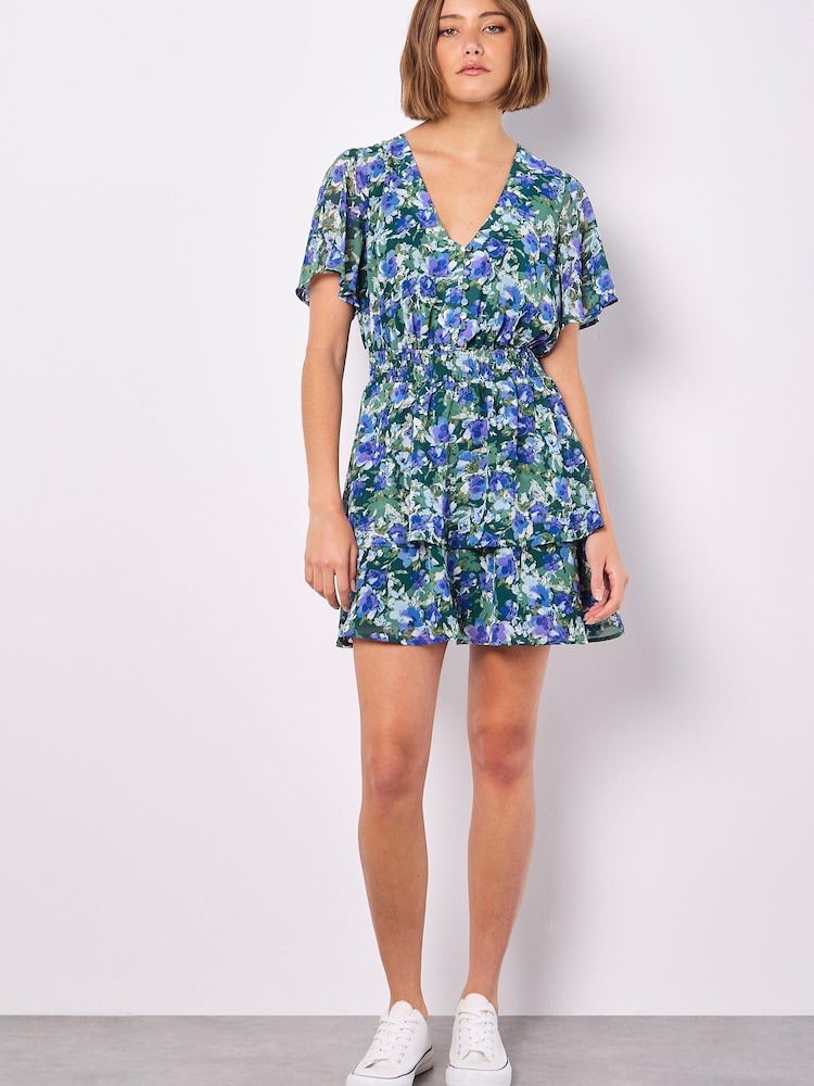 Apricot Green Watercolour Floral Print Layered Dress - Image 1 of 5