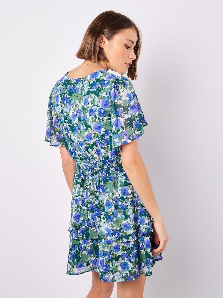 Apricot Green Watercolour Floral Print Layered Dress - Image 2 of 5