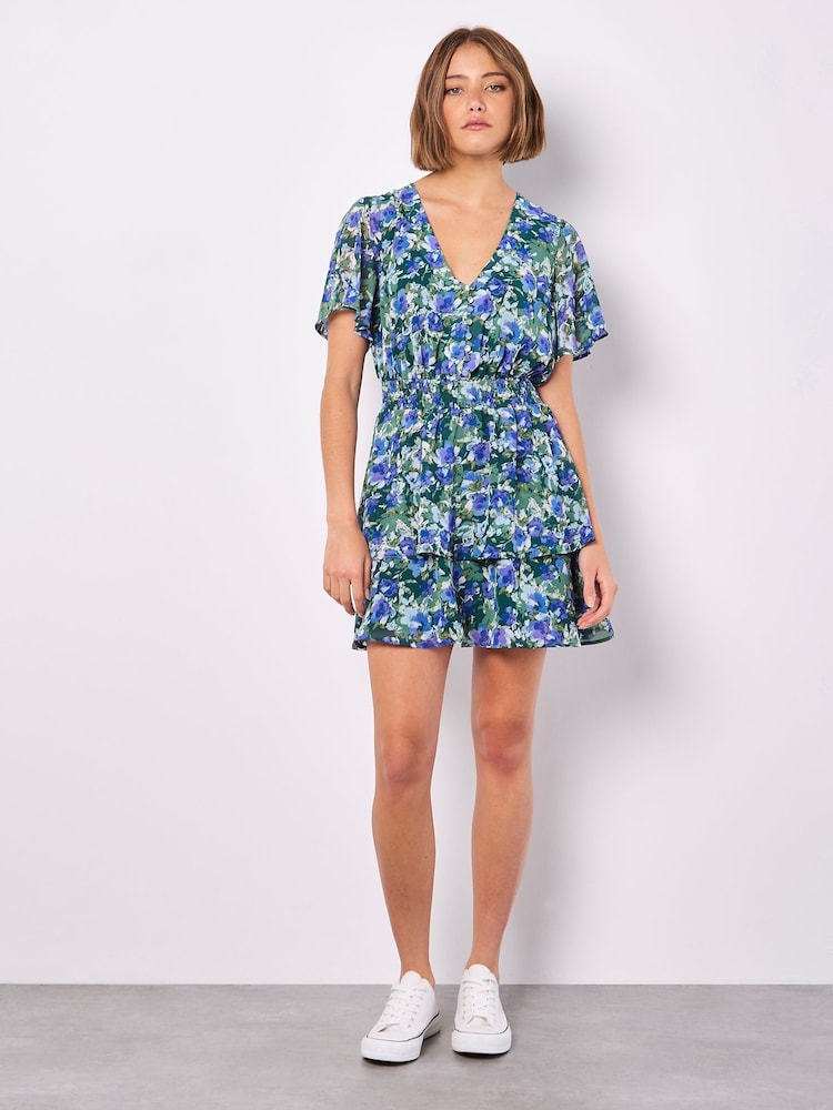 Apricot Green Watercolour Floral Print Layered Dress - Image 5 of 5 Apricot Green Watercolour Floral Print Layered Dress - Image 5 of 5