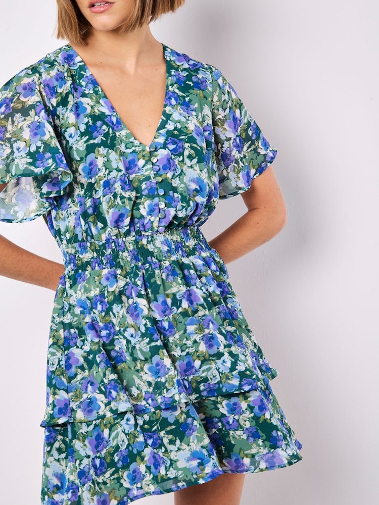 Apricot Green Watercolour Floral Print Layered Dress - Image 5 of 5 Apricot Green Watercolour Floral Print Layered Dress - Image 5 of 5
