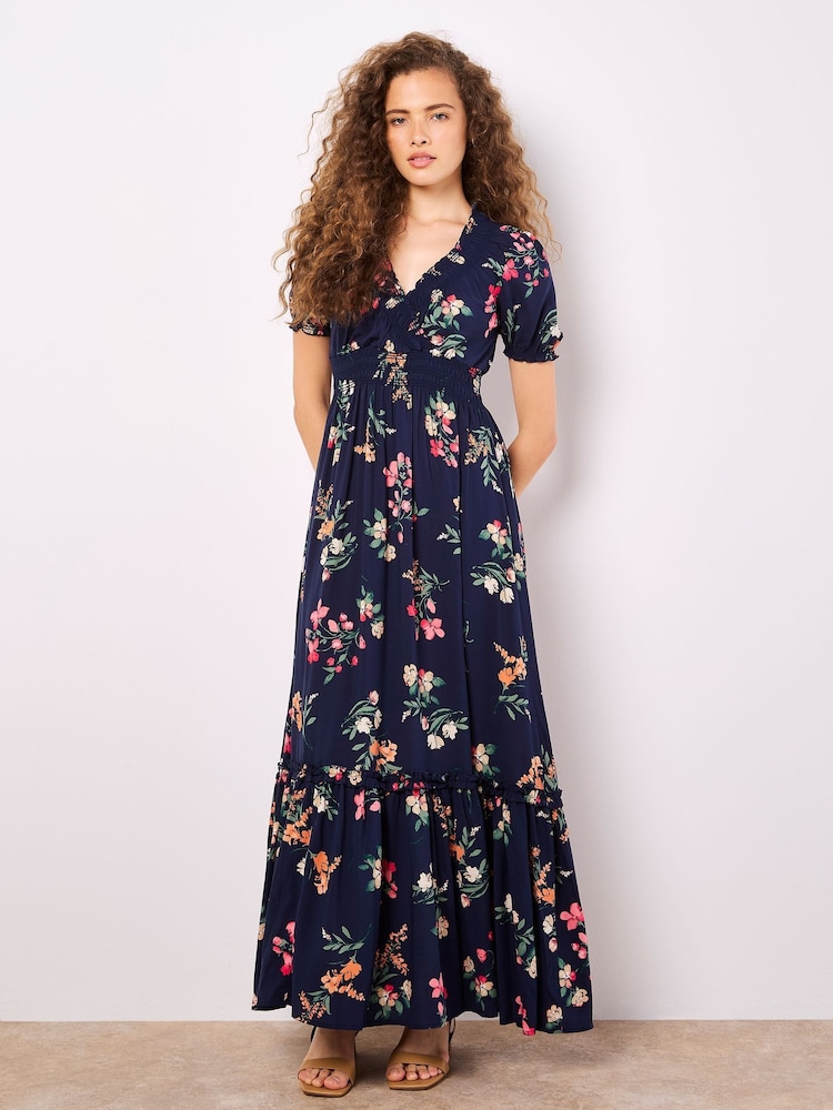Apricot Blue Floral Watercolour Floral Smock Maxi Dress - Image 1 of 5