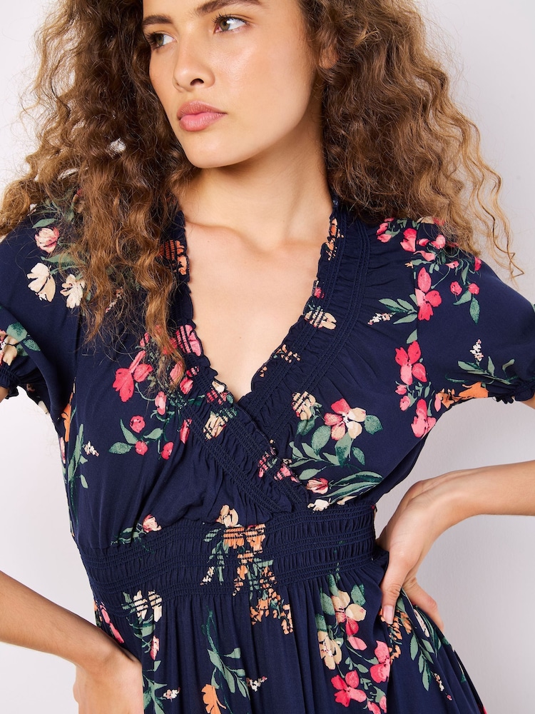Apricot Blue Floral Watercolour Floral Smock Maxi Dress - Image 2 of 5