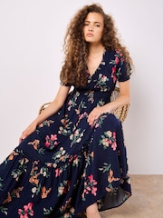 Apricot Blue Floral Watercolour Floral Smock Maxi Dress - Image 4 of 5