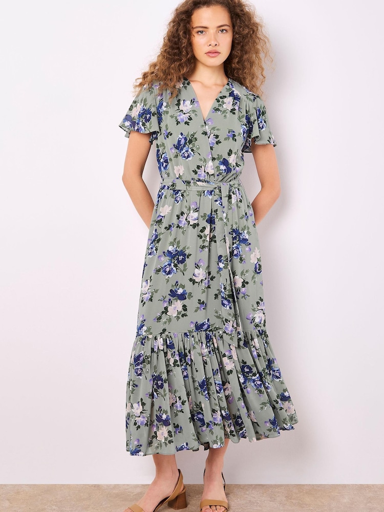 Apricot Green Painterly Roses Wrap Dress - Image 1 of 5