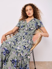 Apricot Green Painterly Roses Wrap Dress - Image 2 of 5