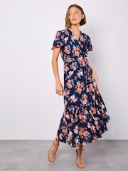 Apricot Blue Painterly Roses Wrap Dress - Image 1 of 4