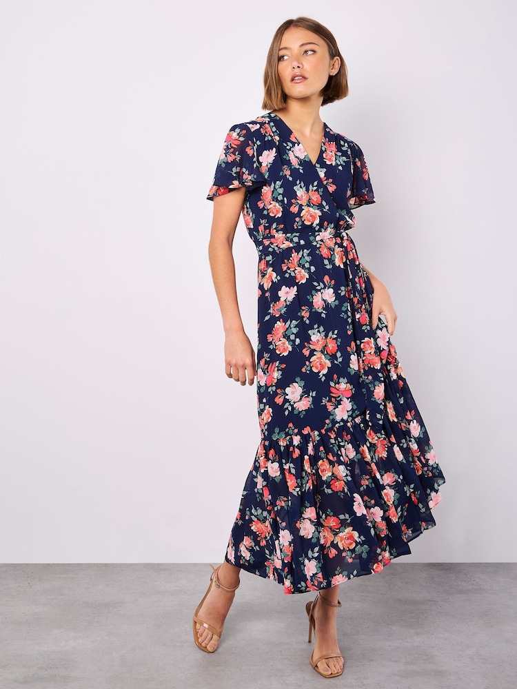 Apricot Blue Painterly Roses Wrap Dress - Image 1 of 4