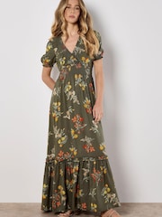 Apricot Green Watercolour Floral Tiered Maxi Dress - Image 1 of 5