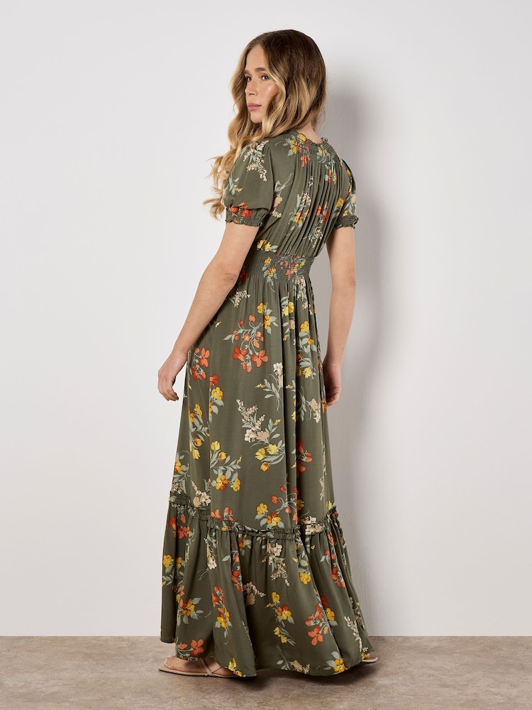Apricot Green Watercolour Floral Tiered Maxi Dress - Image 3 of 5