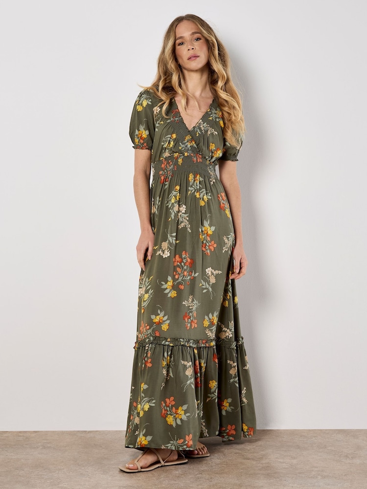 Apricot Green Watercolour Floral Tiered Maxi Dress - Image 5 of 5 Apricot Green Watercolour Floral Tiered Maxi Dress - Image 5 of 5