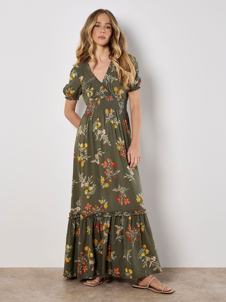 Apricot Green Watercolour Floral Tiered Maxi Dress - Image 5 of 5 Apricot Green Watercolour Floral Tiered Maxi Dress - Image 5 of 5