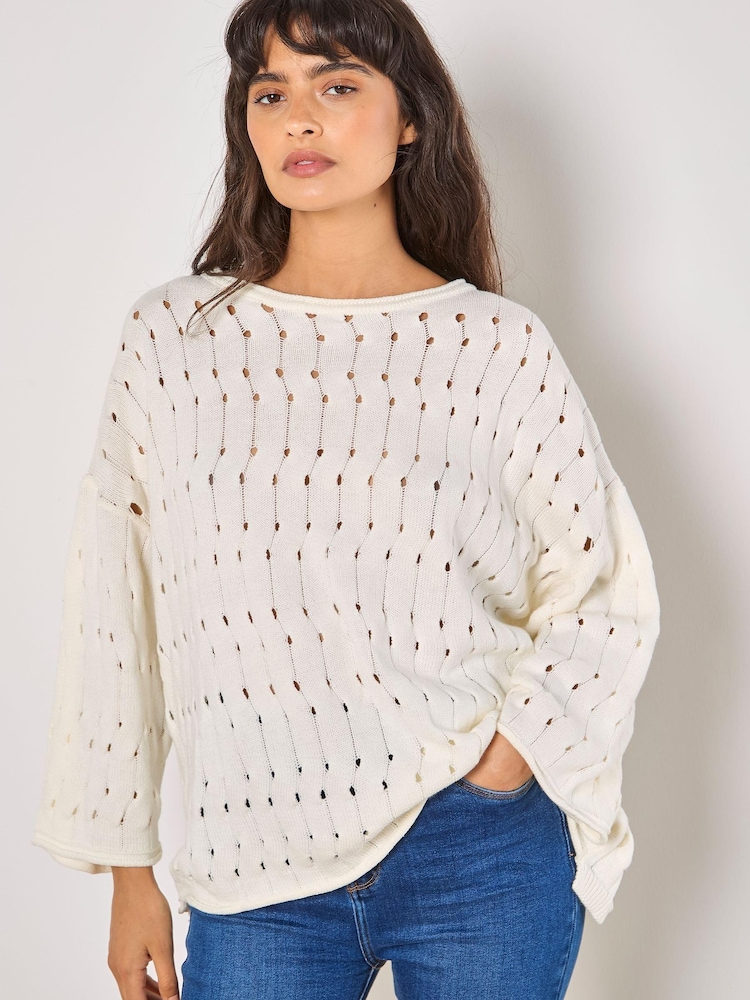 Apricot White Pointelle Bell Sleeved Jumper - Image 1 of 4 Apricot White Pointelle Bell Sleeved Jumper - Image 1 of 4