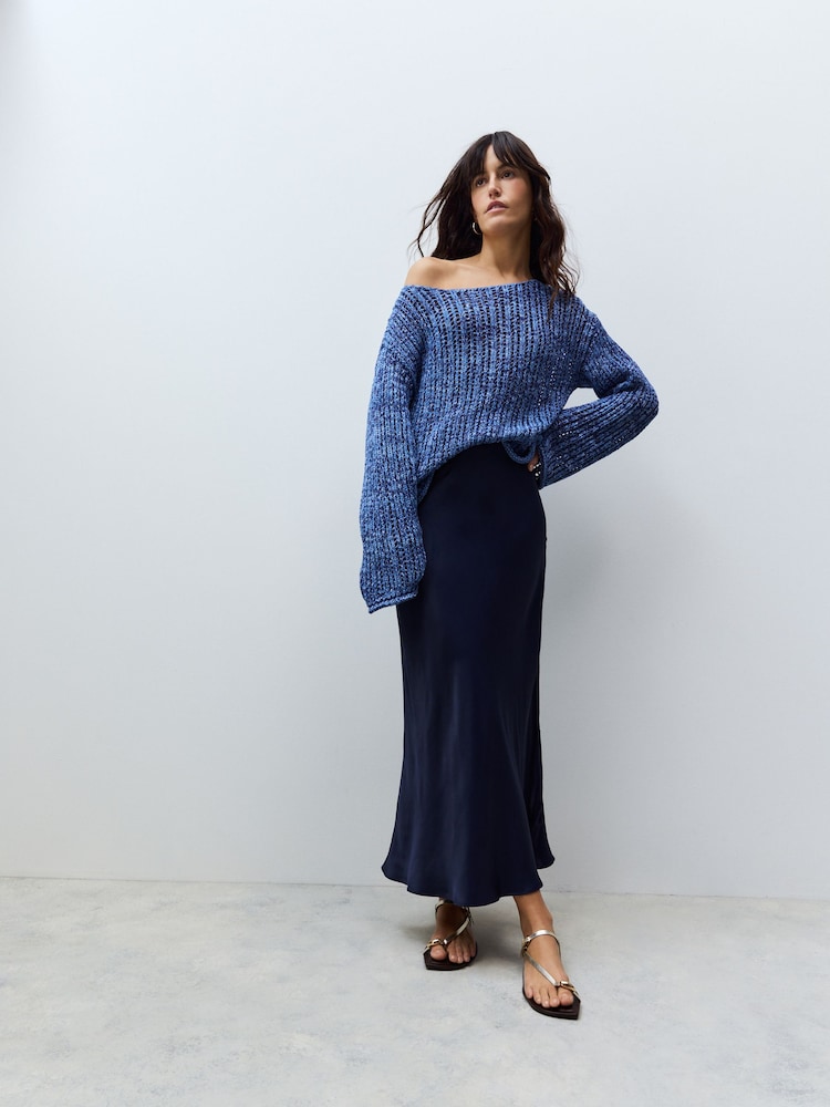 Bleu marine - Jupe Midi Satin - Image 1 of 3