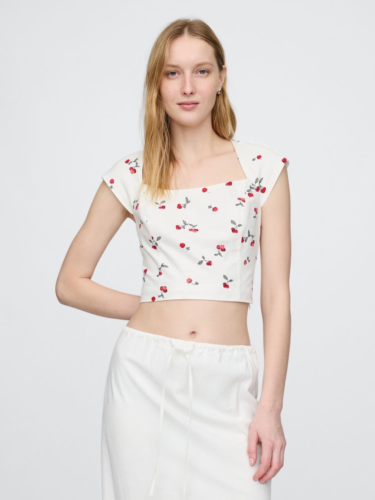 Gap White Cherry Heavyweight Linen-Blend Cap-Sleeve Cropped Top - Image 1 of 5