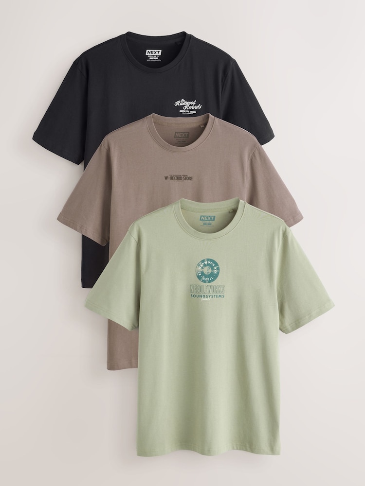 Black/Grey/White Graphic Print T-Shirts 3 Pack - Image 1 of 12