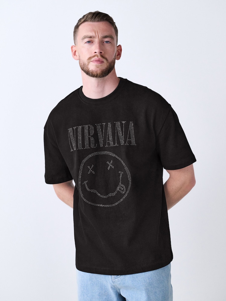 Black Nirvana Relaxed Fit Band Graphic Print T-Shirt - Image 1 of 7 Black Nirvana Relaxed Fit Band Graphic Print T-Shirt - Image 1 of 7