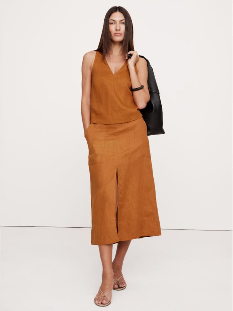 Banana Republic Brown V Neck Cross Back Linen Vest Top - Image 1 of 3 Banana Republic Brown V Neck Cross Back Linen Vest Top - Image 1 of 3