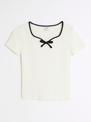 River Island Cream Girls Sweetheart Bow Knit Top - Image 1 of 4