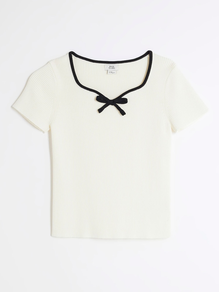 River Island Cream Girls Sweetheart Bow Knit Top - Image 1 of 4