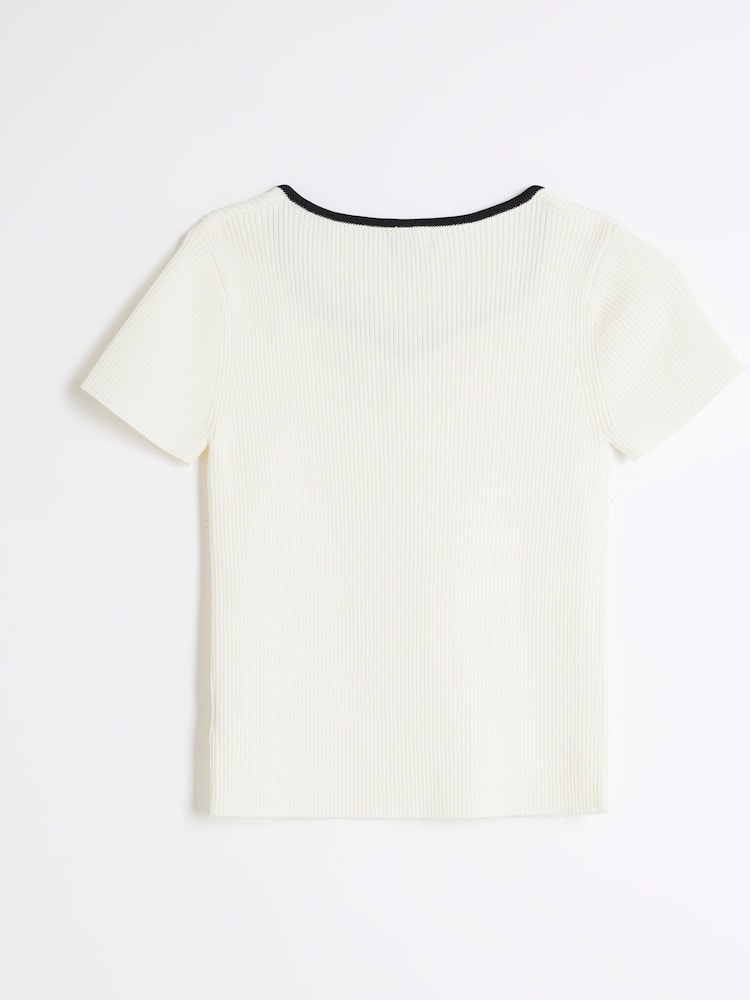 River Island Cream Girls Sweetheart Bow Knit Top - Image 2 of 4