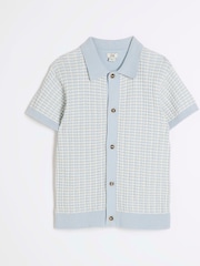 River Island Blue Boys Textured Revere Knit 100% Cotton Polo Shirt - Image 1 of 4
