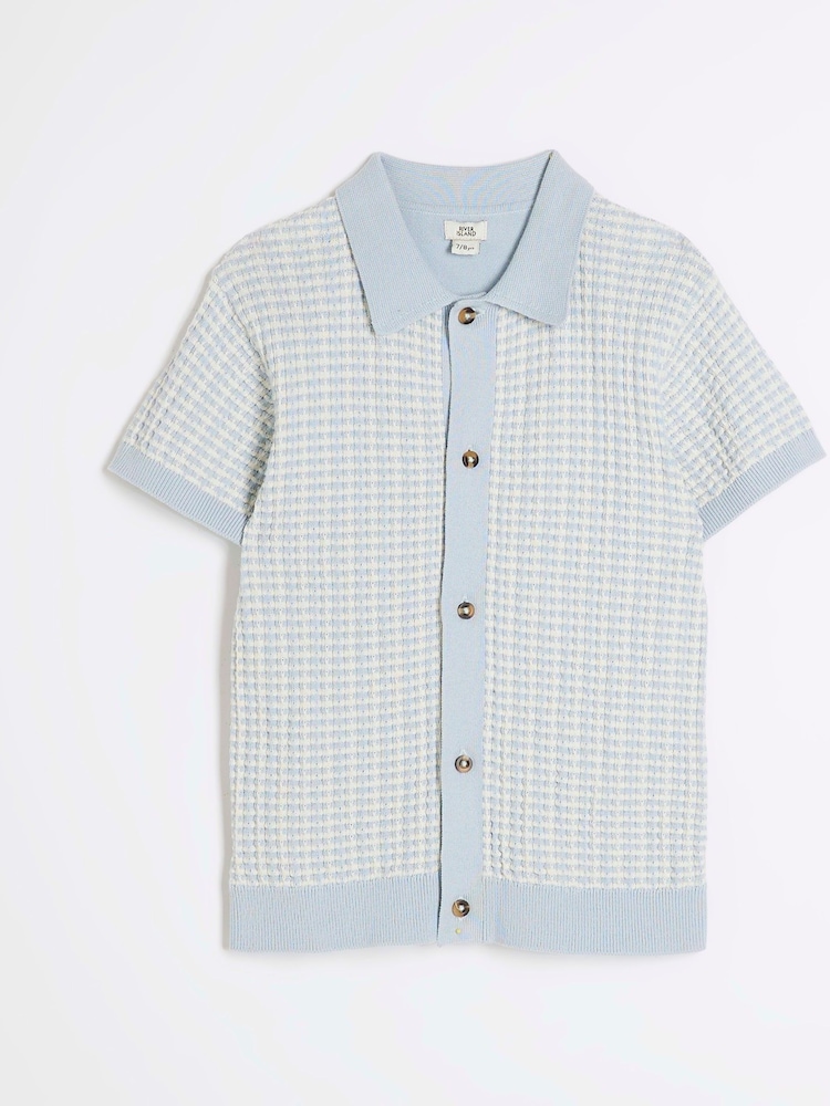 River Island Blue Boys Textured Revere Knit 100% Cotton Polo Shirt - Image 1 of 4