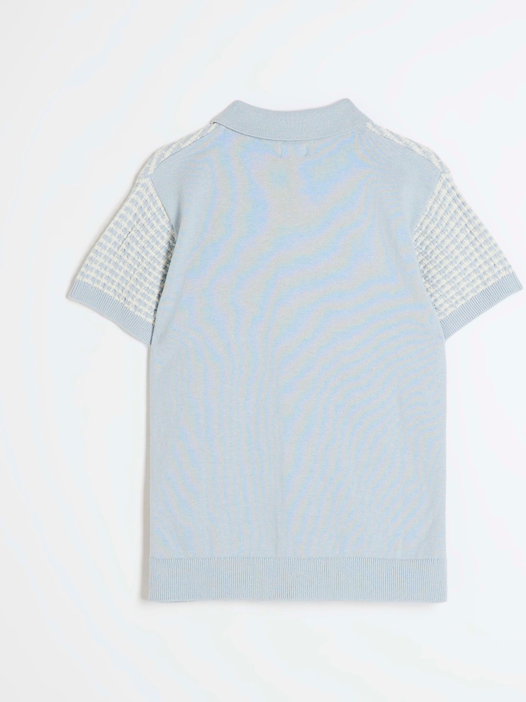 River Island Blue Textured Revere Knit Polo Shirt - Image 2 of 4 River Island Blue Textured Revere Knit Polo Shirt - Image 2 of 4