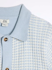 River Island Blue Boys Textured Revere Knit 100% Cotton Polo Shirt - Image 3 of 4