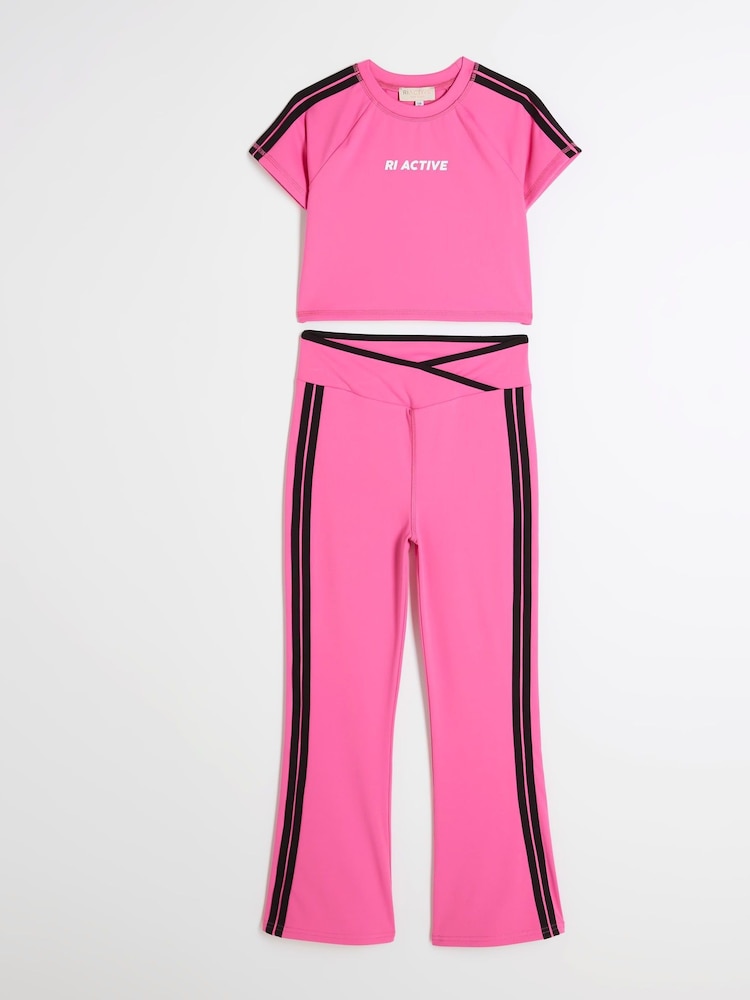 River Island Pink Girls 100% Cotton Active Cheer Kickflare Top And Joggers Set - Image 3 of 5