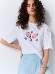 White Short Sleeve Embellished Tennis T-Shirt - Image 1 of 8