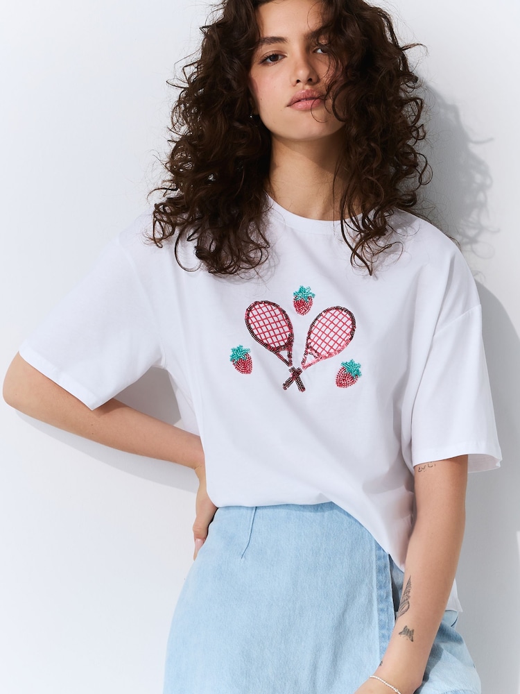 White Short Sleeve Embellished Tennis T-Shirt - Image 1 of 8