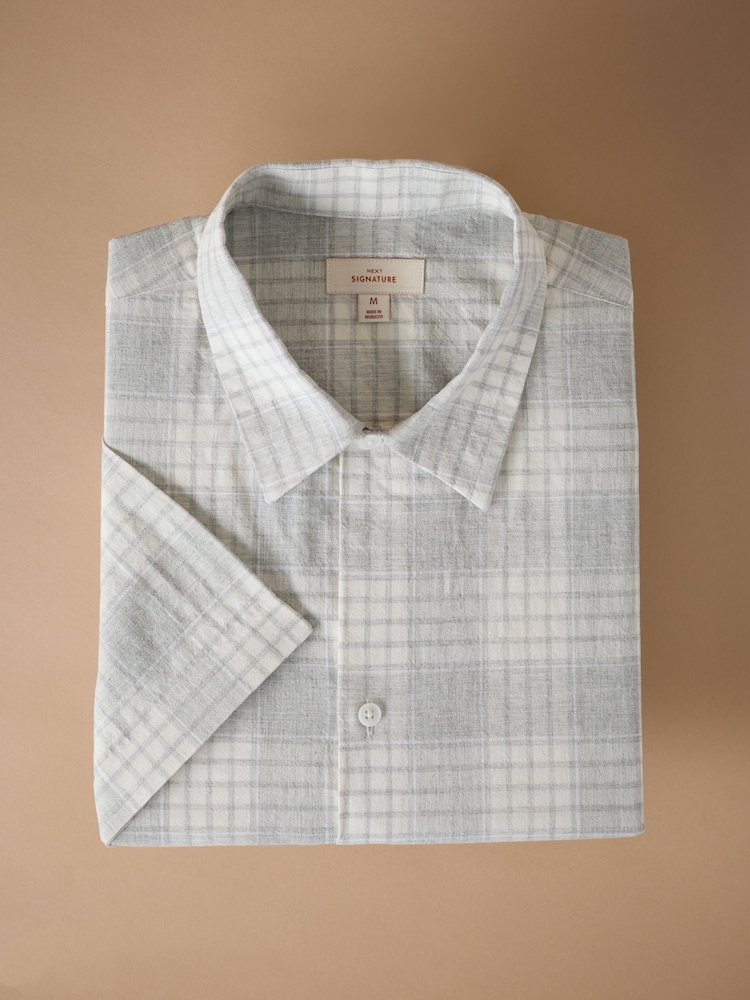 Light Grey Check Regular Fit Short Sleeve Seersucker Shirt - Image 1 of 3 Light Grey Check Regular Fit Short Sleeve Seersucker Shirt - Image 1 of 3