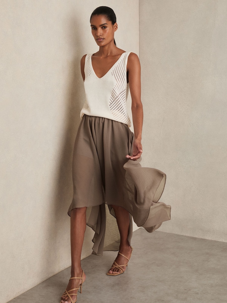 Reiss Mink Neutral Lucie Sheer-Overlay High-Low Shorts - Image 1 of 6