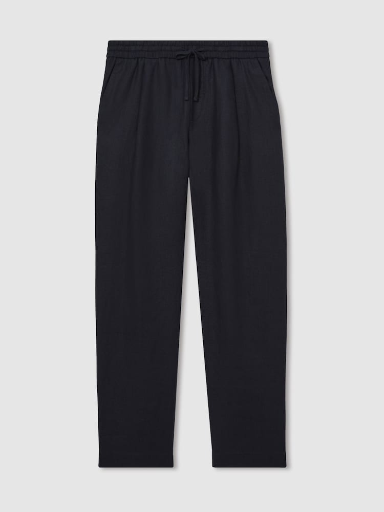 Reiss Navy Barges Linen Drawstring Relaxed-Fit Trousers - Image 2 of 6