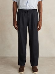 Reiss Navy Barges Linen Drawstring Relaxed-Fit Trousers - Image 4 of 6