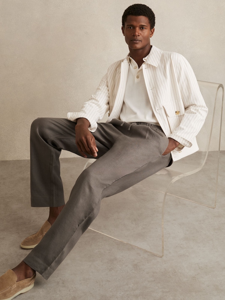 Reiss Mushroom Brown Barges Linen Drawstring Relaxed-Fit Trousers - Image 1 of 7