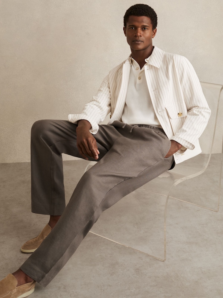 Reiss Mushroom Brown Barges Linen Drawstring Relaxed-Fit Trousers - Image 1 of 7 Reiss Mushroom Brown Barges Linen Drawstring Relaxed-Fit Trousers - Image 1 of 7