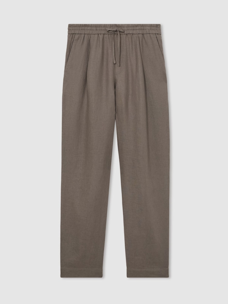 Reiss Mushroom Brown Barges Linen Drawstring Relaxed-Fit Trousers - Image 2 of 7