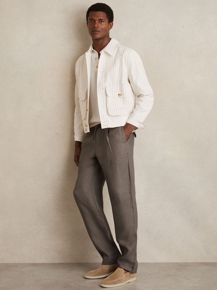 Reiss Mushroom Brown Barges Linen Drawstring Relaxed-Fit Trousers - Image 3 of 7