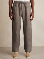 Reiss Mushroom Brown Barges Linen Drawstring Relaxed-Fit Trousers - Image 4 of 7