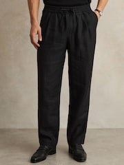 Reiss Black Barges Linen Drawstring Relaxed-Fit Trousers - Image 4 of 7